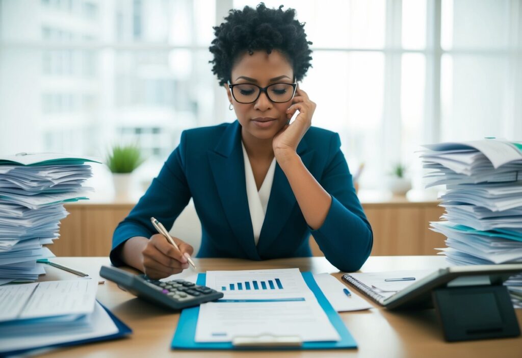 A person sits at a desk with a stack of medical bills, a calculator, and a notepad. They are surrounded by paperwork and are deep in thought, preparing to negotiate their healthcare costs