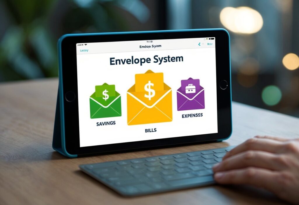 A digital device displaying an envelope system interface with virtual envelopes for different budget categories. Icons for savings, bills, and expenses are visible