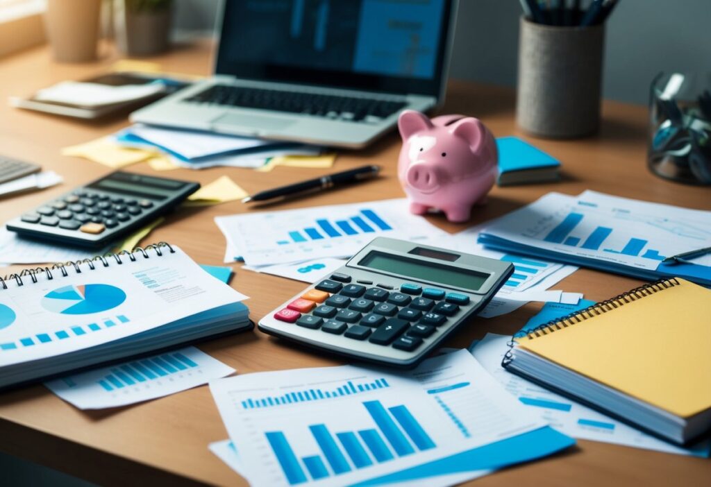 A cluttered desk with scattered bills, a calculator, and a notebook filled with budgeting charts and graphs. A piggy bank sits in the corner