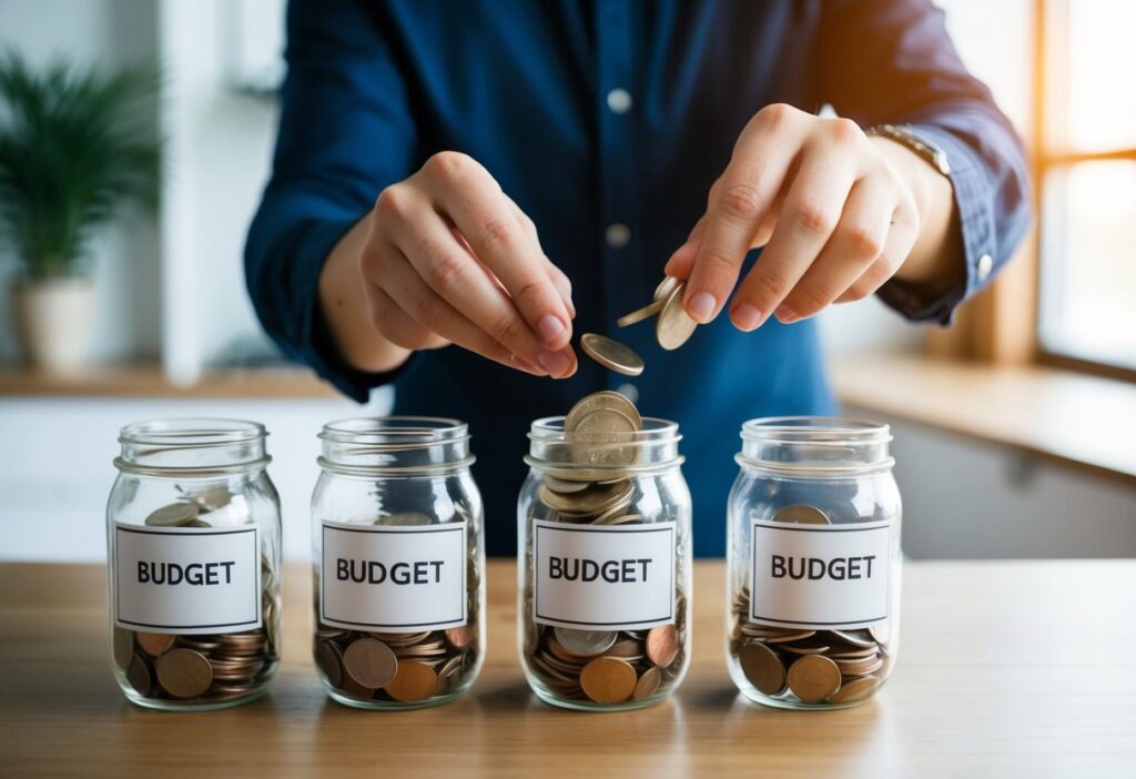 A person placing coins into labeled jars for different budget categories