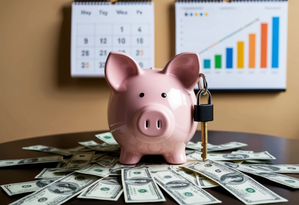 A piggy bank with a lock and key sits on a table, surrounded by scattered dollar bills. A calendar with marked dates and a graph showing a steady increase in savings hang on the wall