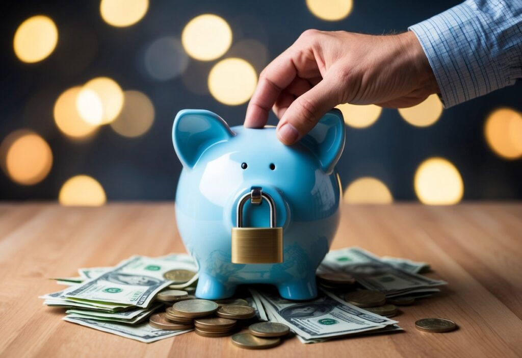 A piggy bank with a lock on it, surrounded by a pile of bills and coins. A hand reaching for the lock but unable to open it