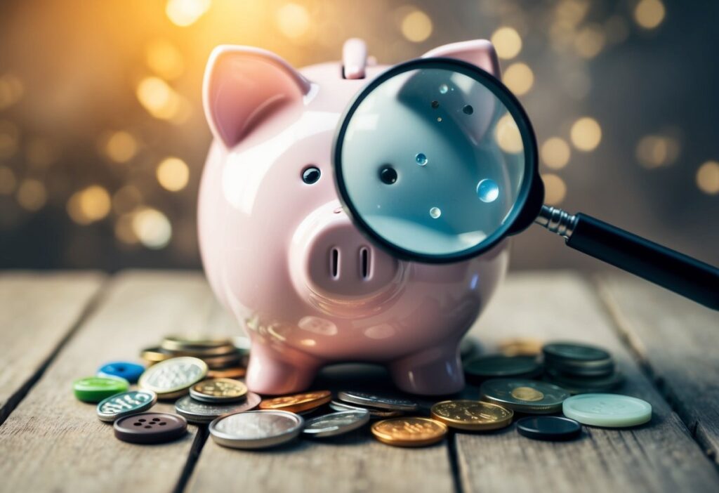 A piggy bank surrounded by various small objects, such as coins, buttons, and seeds, with a magnifying glass highlighting the tiny increments