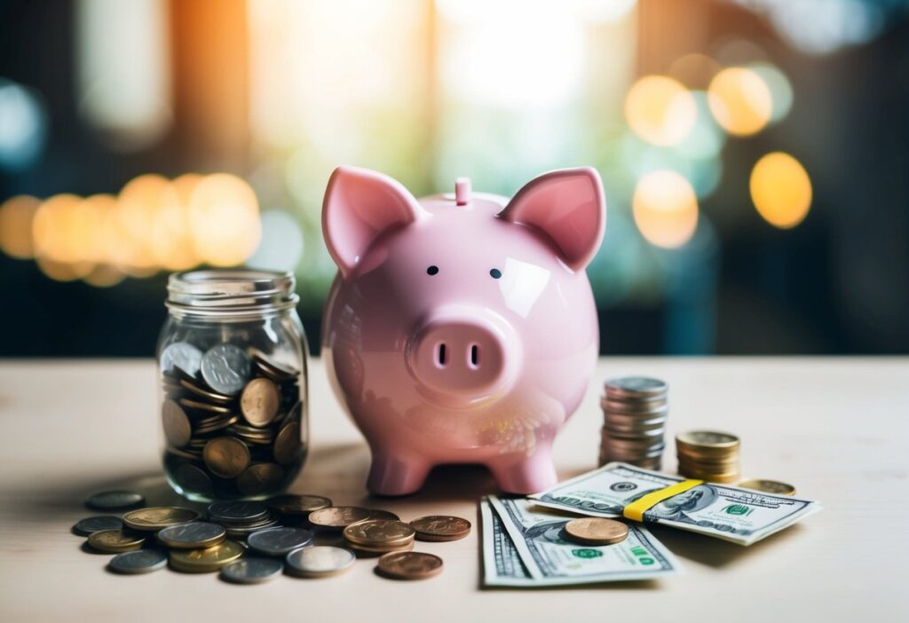 A piggy bank surrounded by various small everyday objects, such as coins, bills, and a jar of loose change, representing micro-saving strategies