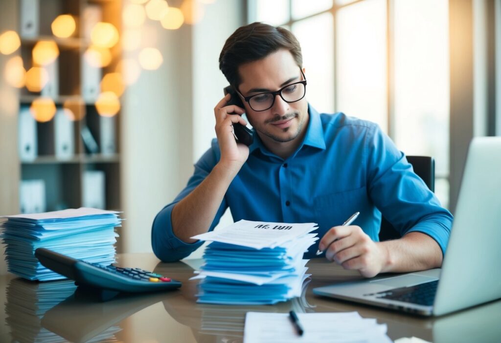 A person sitting at a desk with a stack of medical bills, a calculator, and a laptop, making phone calls and taking notes