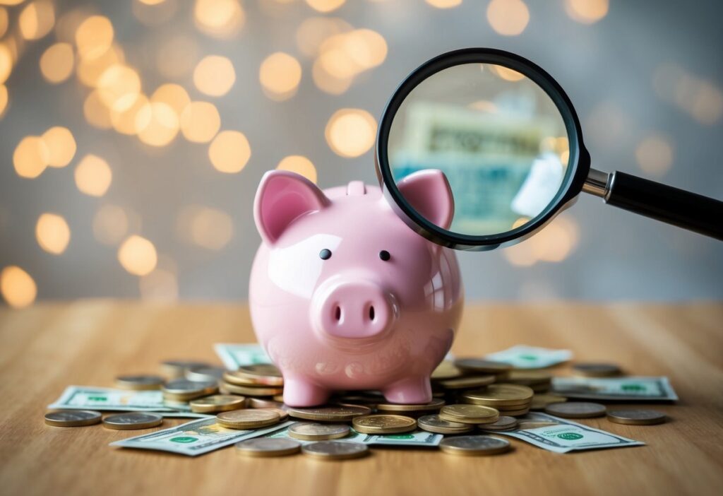 A piggy bank surrounded by scattered coins and small bills, with a magnifying glass highlighting the concept of micro-saving