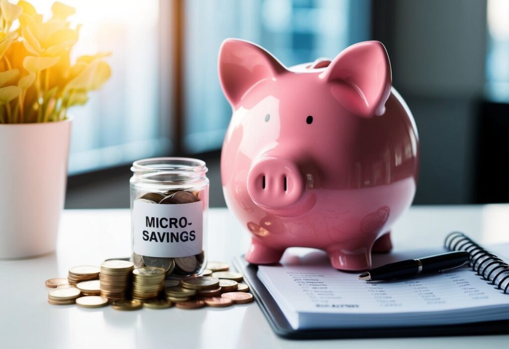 A piggy bank surrounded by coins of varying sizes, with a small jar labeled "micro-savings" next to it, and a budget planner open on a desk