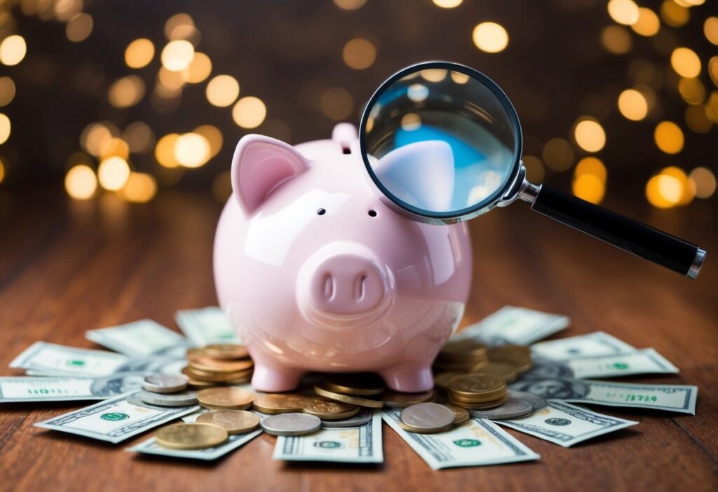 A piggy bank surrounded by coins and small bills, with a magnifying glass highlighting the tiny increments of savings