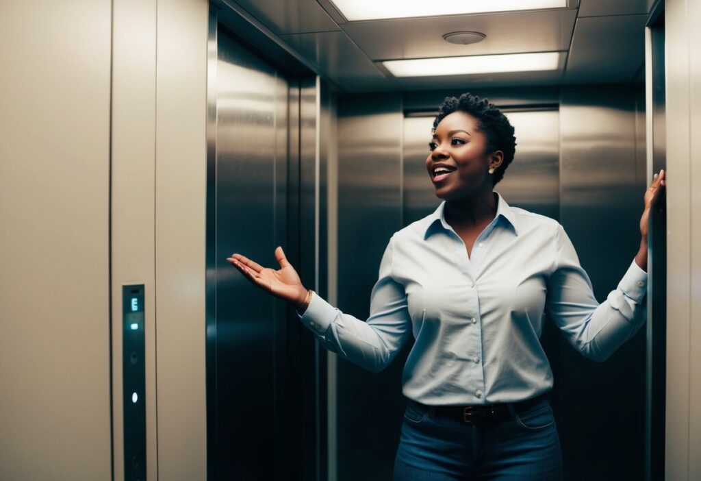 A person standing confidently in an elevator, gesturing and speaking passionately about themselves. The elevator doors are closed, and the person is the focal point of the scene