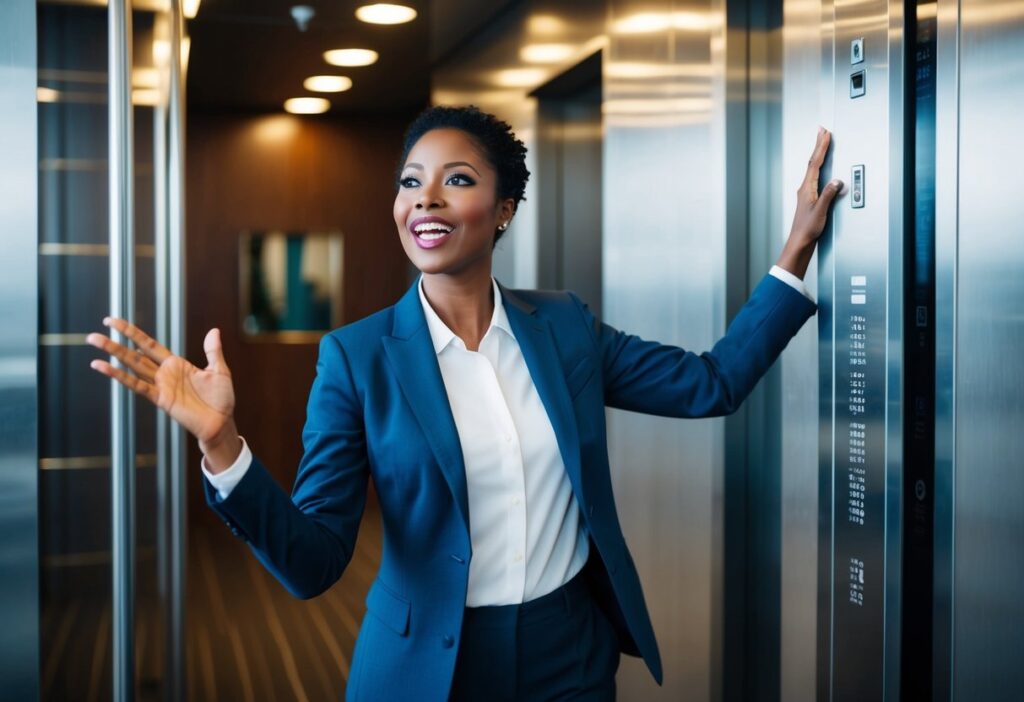 A person standing confidently in an elevator, gesturing and speaking passionately with a clear and engaging message