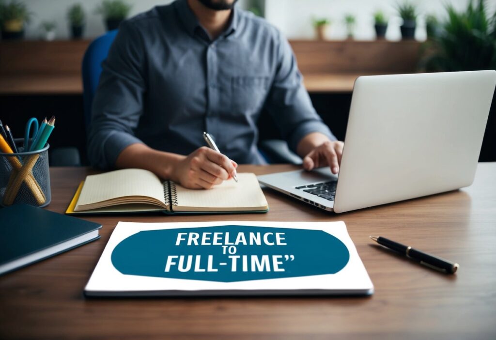 A person sitting at a desk, with a laptop, notebook, and pen, surrounded by office supplies and a "Freelance to Full-Time" transition guide