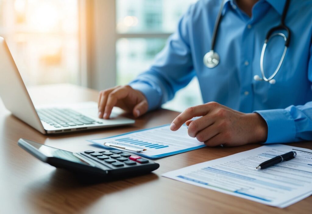 A person sitting at a desk with medical bills, calculator, and phone, negotiating with a healthcare provider