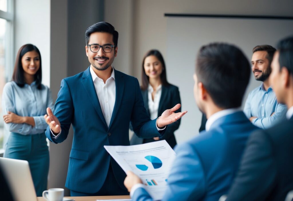 A person confidently presenting their work to a group of interested individuals, with a sense of pride and professionalism