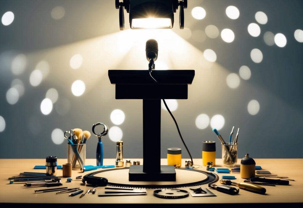 A spotlight shining on a podium with a microphone, surrounded by various artistic tools and symbols of different skills and talents