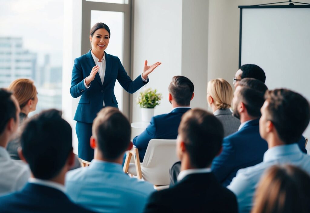 A person confidently speaking to a group, gesturing and engaging with the audience. The person exudes confidence and professionalism while promoting their skills