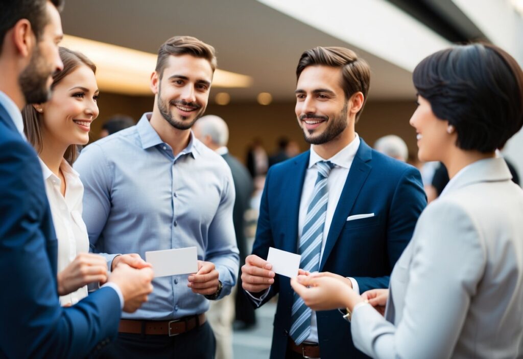 A group of people conversing at a casual event, exchanging business cards and discussing professional opportunities