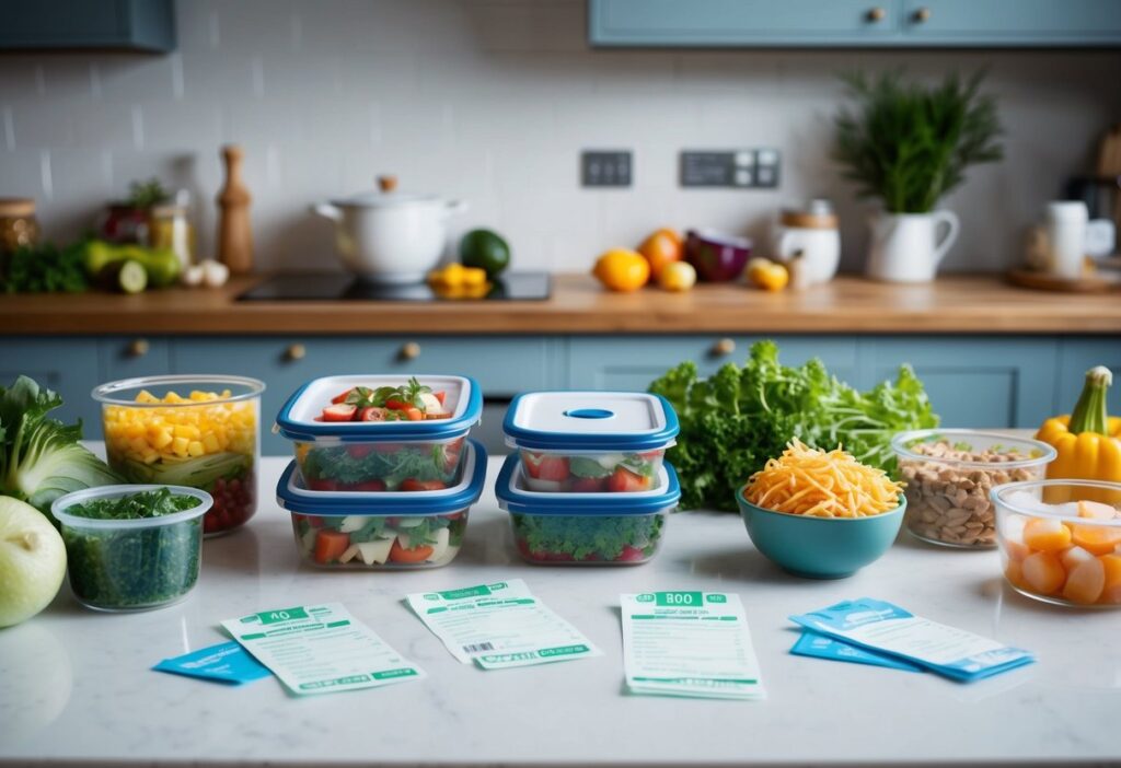 A kitchen counter with neatly organized containers of prepped food, surrounded by a variety of fresh ingredients and money-saving grocery receipts