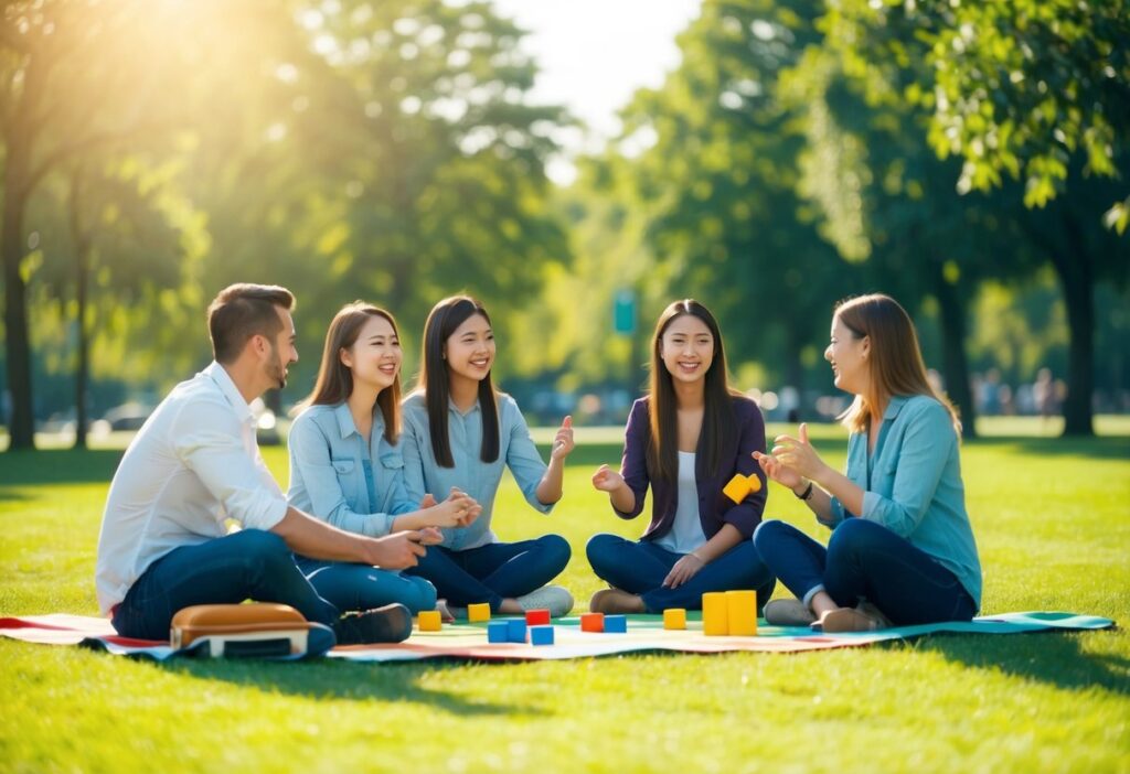 A group of people socializing at a park, playing games and chatting during a sunny day