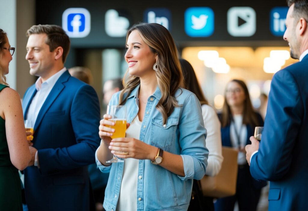 A person attending a casual event, holding a drink and engaging in conversation with others. Social media logos in the background