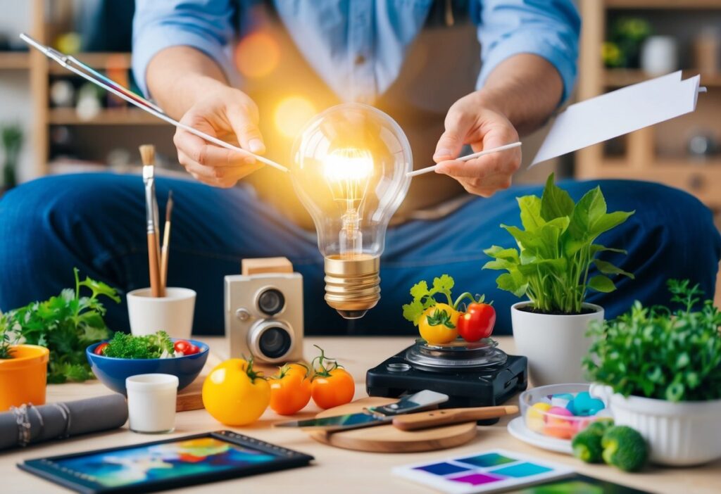 A person surrounded by various hobbies, such as painting, photography, cooking, and gardening, with a lightbulb symbolizing a moment of inspiration