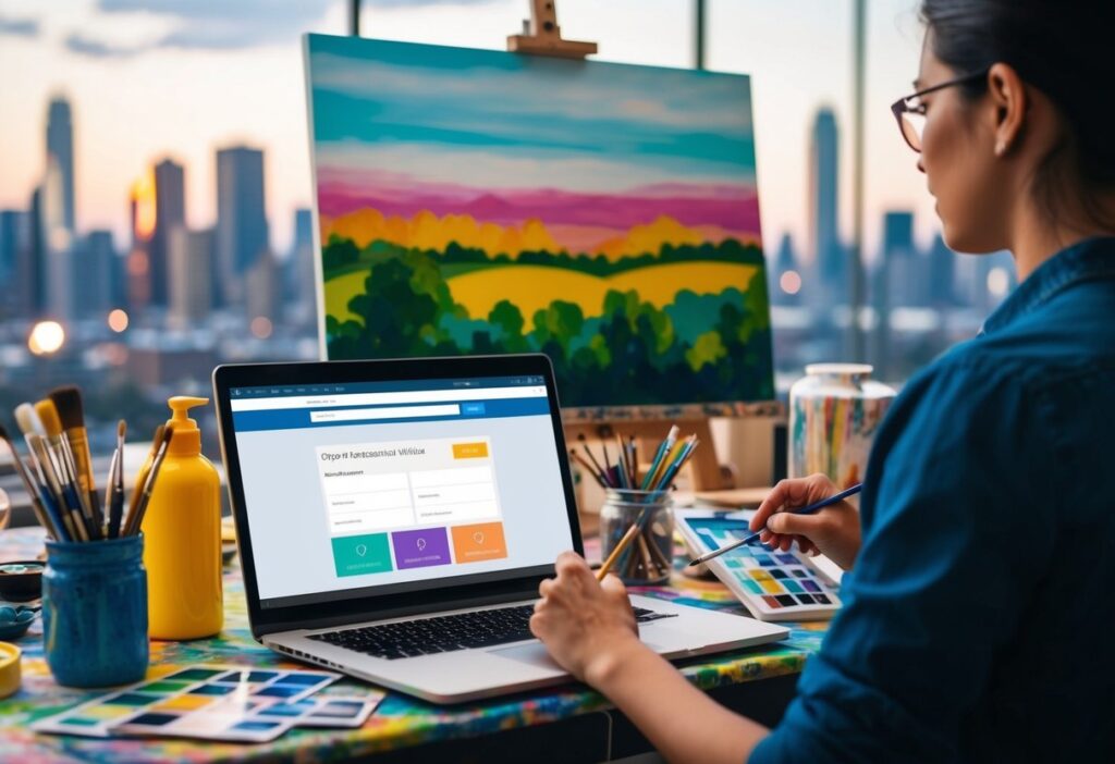 A person painting a colorful landscape with a city skyline in the background, surrounded by art supplies and a laptop open to a job search website