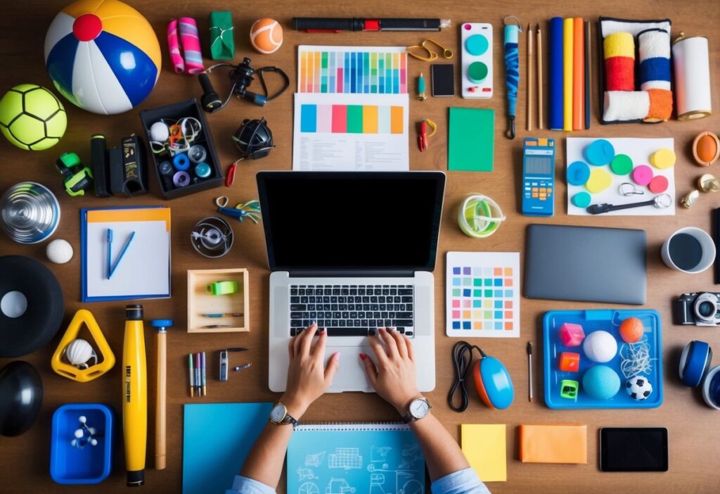 A person researching and brainstorming with a laptop surrounded by various hobby-related items like art supplies, sports equipment, and musical instruments