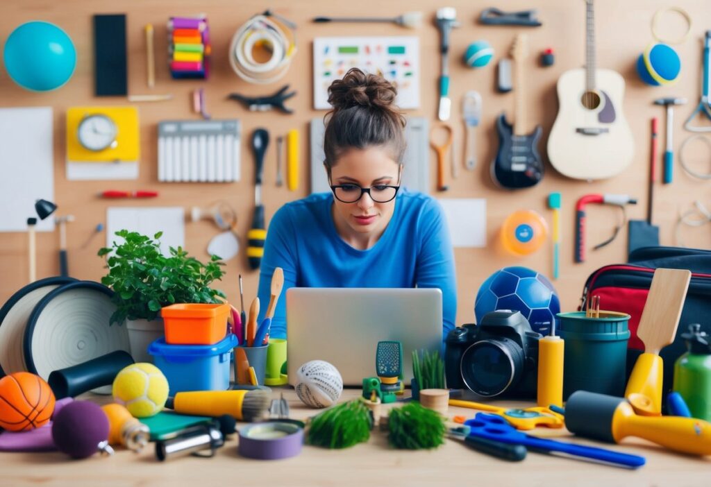 A person surrounded by various hobby-related items, such as art supplies, musical instruments, sports equipment, and gardening tools, while brainstorming career ideas