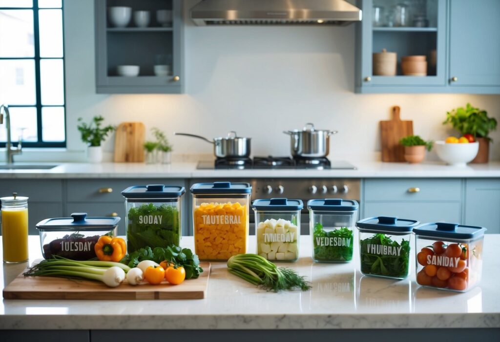 A kitchen counter with various containers filled with prepped ingredients and labeled with days of the week. A cutting board with fresh vegetables and a pot simmering on the stove