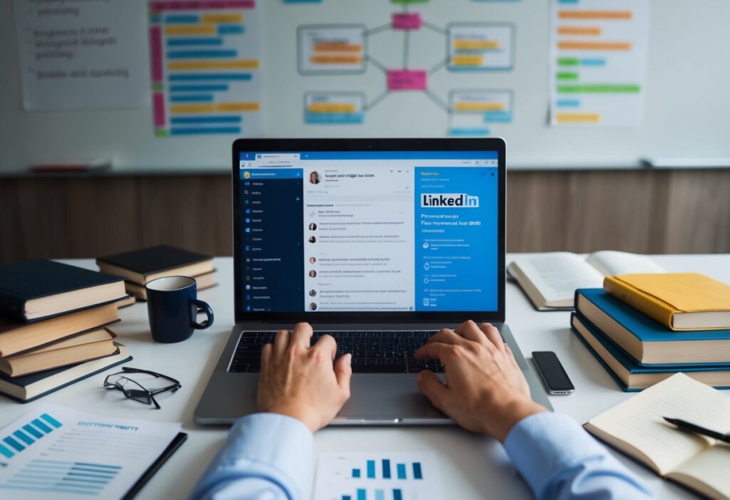 A person typing on a laptop, surrounded by books and notes, with a LinkedIn profile on the screen and a brainstorming chart on the wall