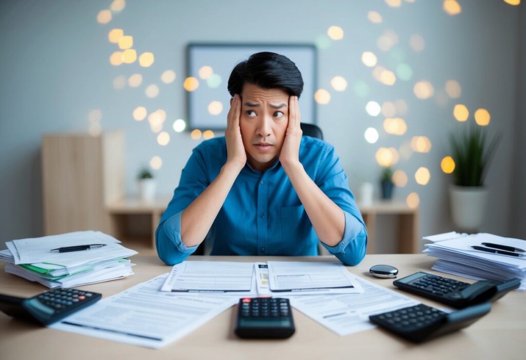 A person sitting at a desk surrounded by tax forms and calculators, with a worried expression while trying to figure out their tax bracket