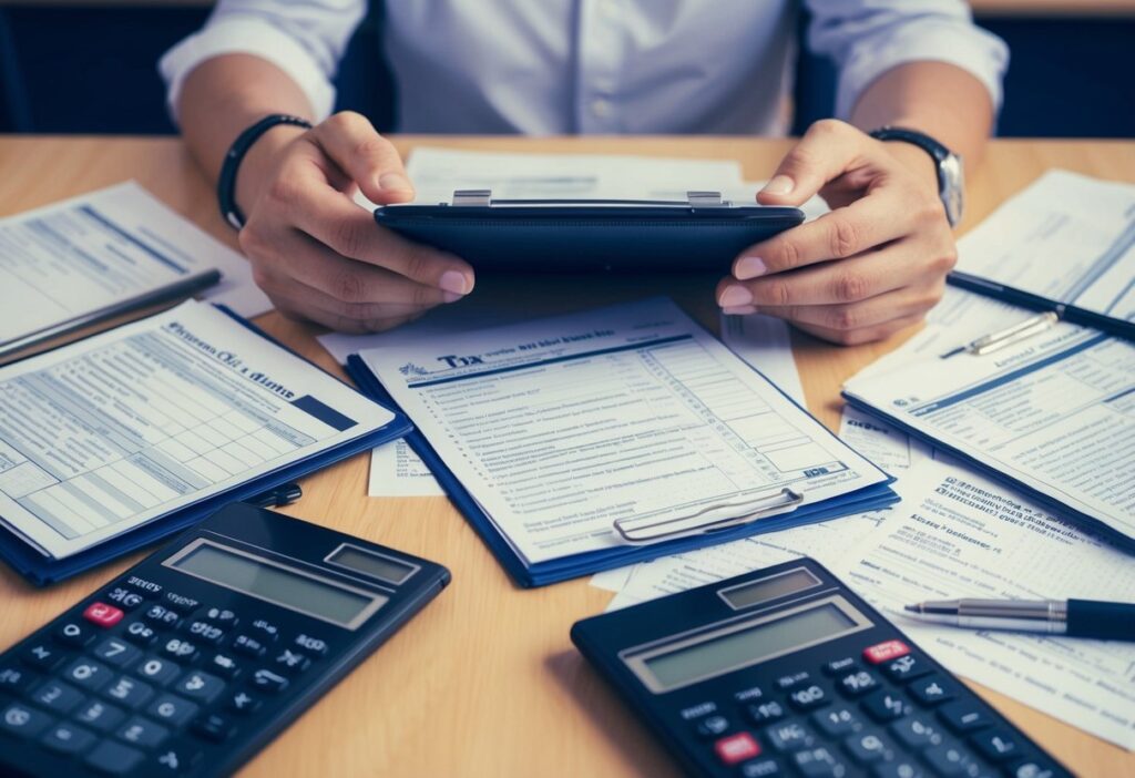 A person surrounded by tax forms and calculators, with a puzzled expression while trying to calculate their effective tax rate