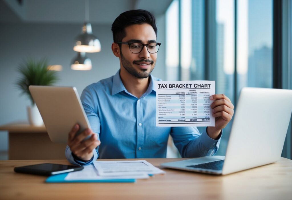 A person reviewing a tax bracket chart with income and tax rates