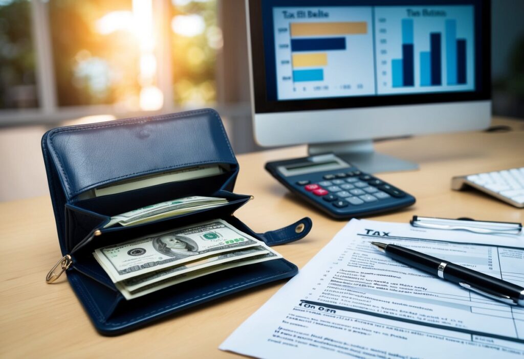 An open wallet with money inside, a calculator, and a tax form on a desk. A chart showing tax brackets is displayed on a computer screen