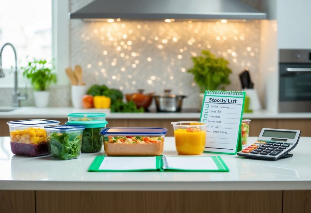 A kitchen counter with various containers of prepped food, a grocery list, and a calculator to illustrate meal planning for saving money