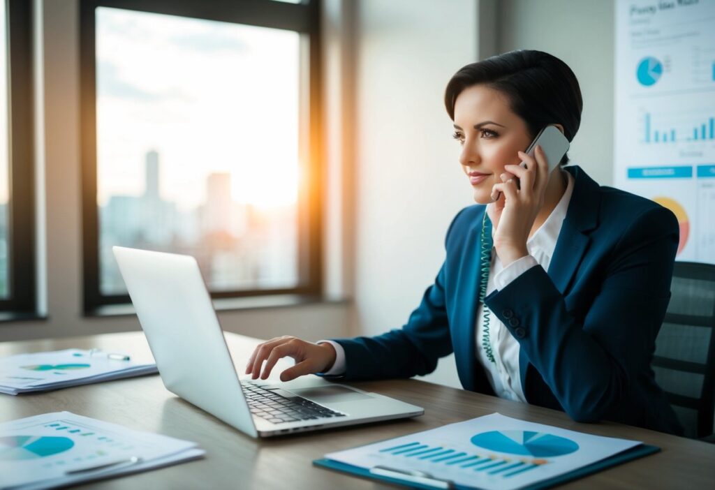 A person sitting at a desk, with a laptop open, surrounded by papers and charts. They are engaged in a conversation on the phone, appearing focused and determined