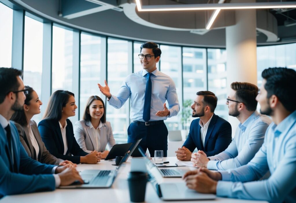 A person confidently presenting a salary negotiation strategy to a group of attentive colleagues in a modern office setting