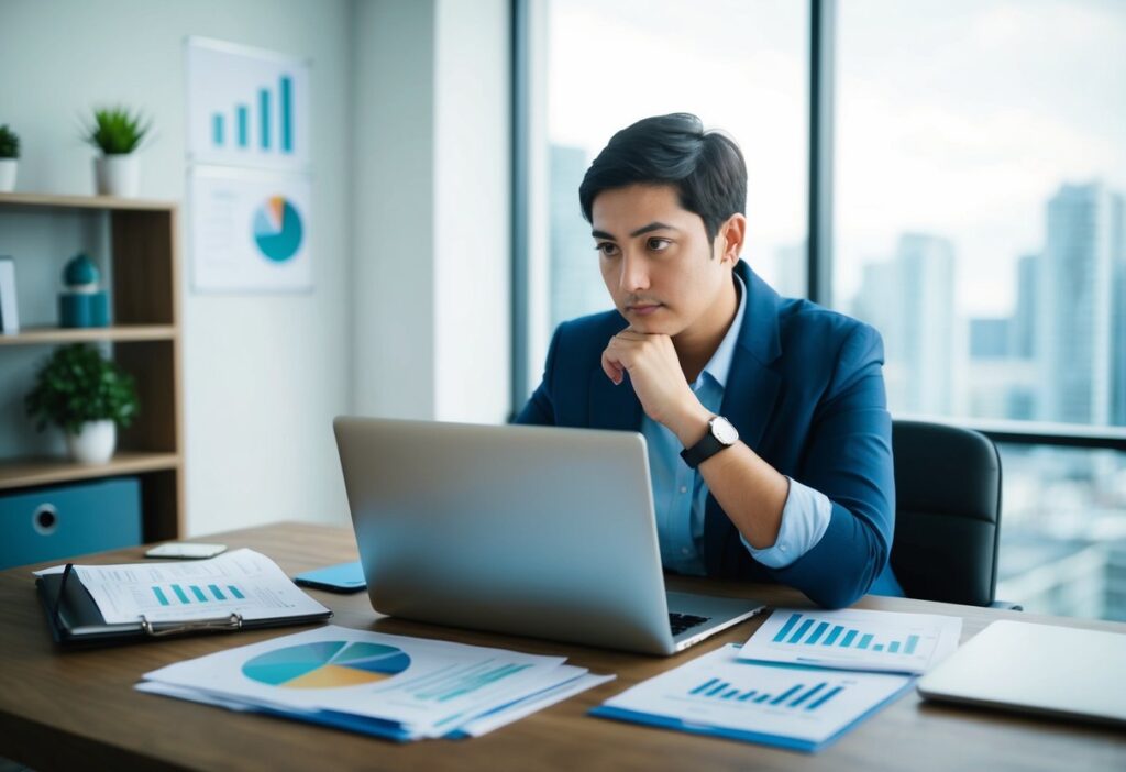 A person sitting at a desk with a laptop, surrounded by financial documents and charts. They are deep in thought, considering their options for negotiating pay during a recession