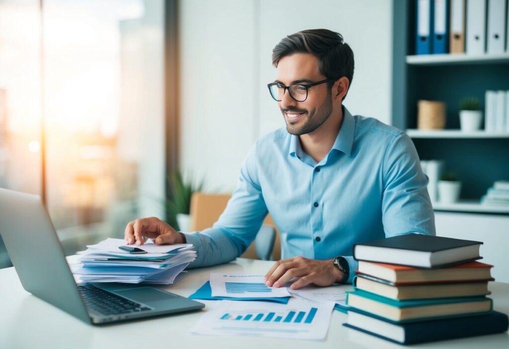 A freelancer surrounded by financial documents and a laptop, with a stack of books on financial literacy nearby