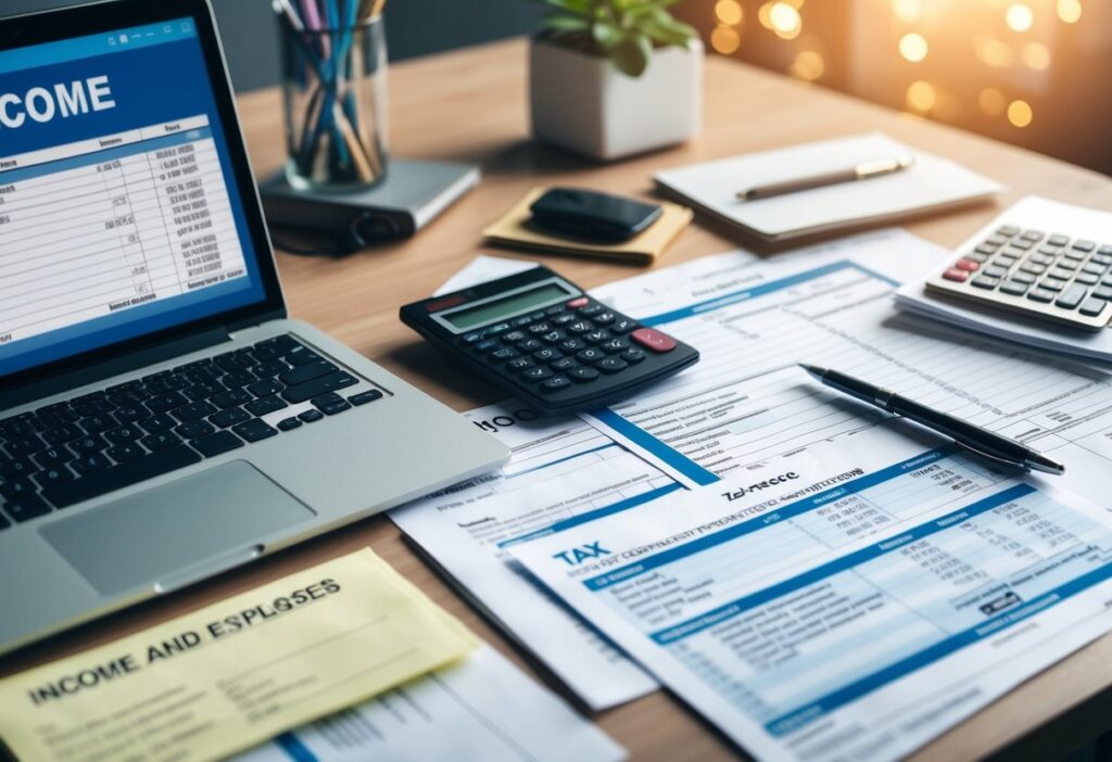 A desk cluttered with receipts, invoices, and tax forms. A calculator sits next to a laptop displaying a spreadsheet of income and expenses