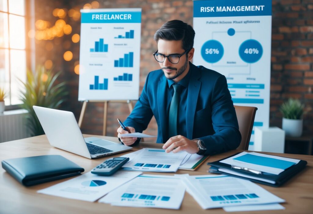 A freelancer surrounded by financial documents and insurance policies, with a risk management chart in the background