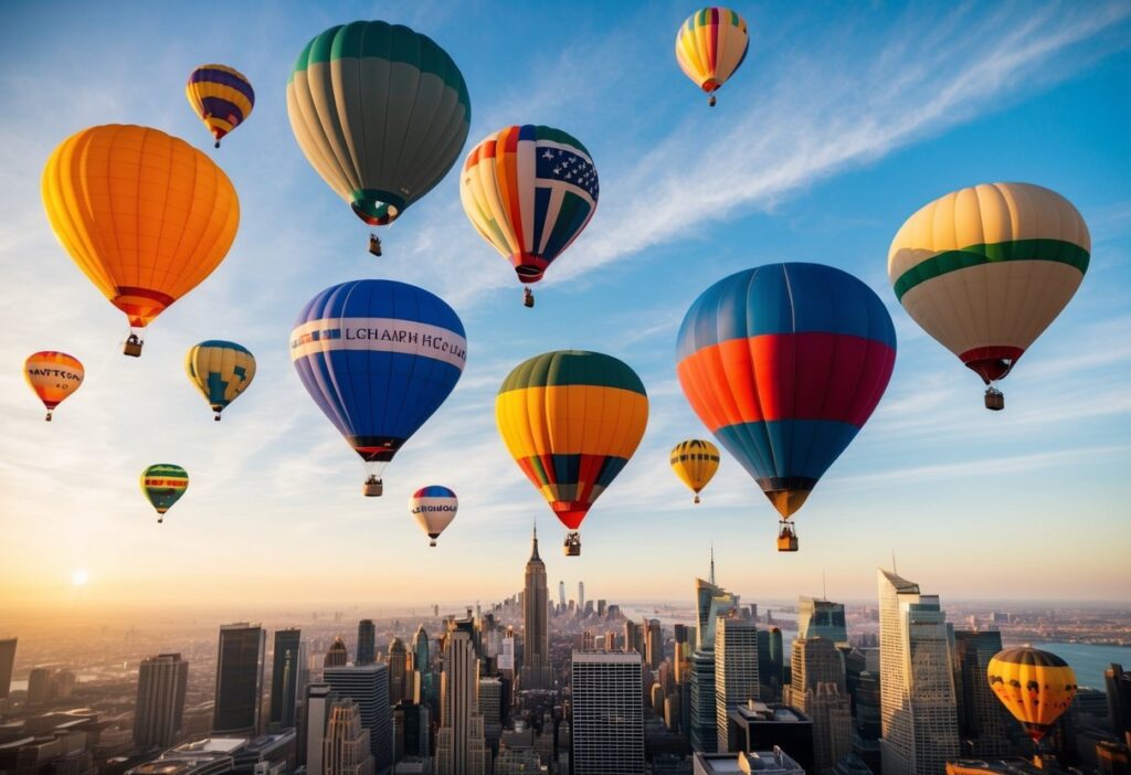 A group of colorful hot air balloons soaring above a bustling city skyline, with each balloon representing a different career or industry