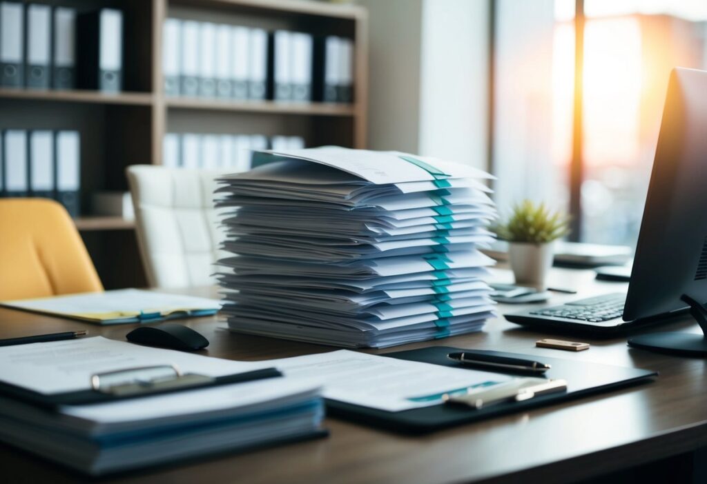 A cluttered office desk with a stack of generic resumes overshadowed by a single unique and eye-catching resume design