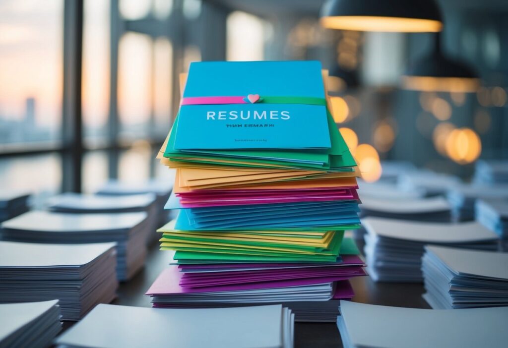 A stack of colorful, eye-catching resumes, each with unique designs and creative elements, standing out in a sea of plain, traditional resumes