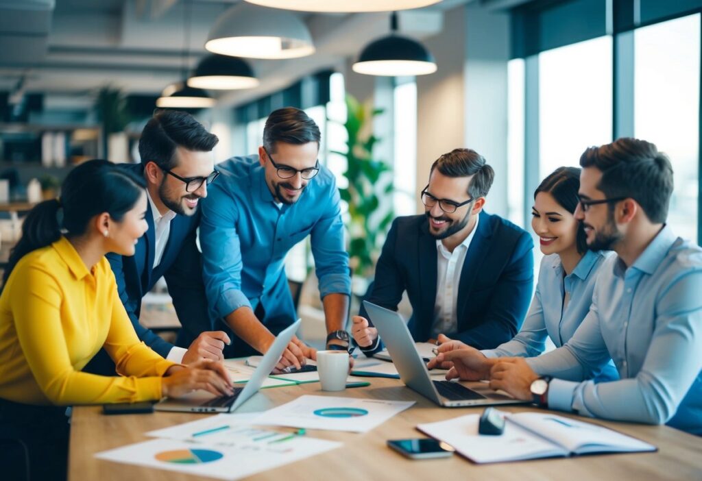 A group of professionals in various fields working on projects, networking, and sharing knowledge in a collaborative workspace