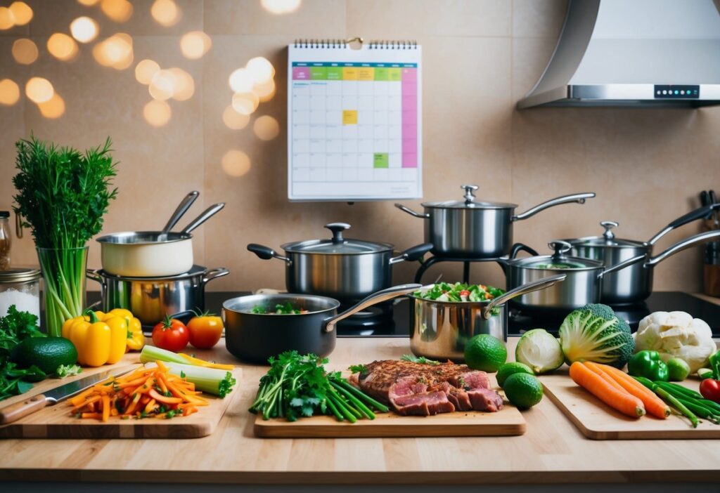 Fresh vegetables being chopped, marinated meats on cutting board, pots and pans on stove, organized containers for storage, and a calendar with meal plan