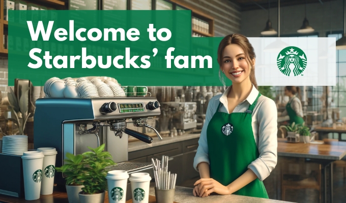 A friendly barista standing behind a coffee counter wearing a green Starbucks apron, smiling, with the text "Welcome to Starbucks' fam" displayed in the background alongside the Starbucks logo