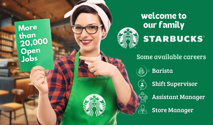 A smiling female barista holding a green sign that reads "More than 20,000 Open Jobs," alongside the Starbucks logo and a list of available careers, including Barista, Shift Supervisor, Assistant Manager, and Store Manager