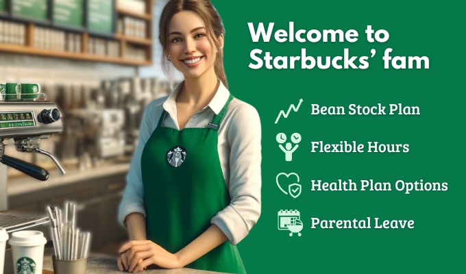 A smiling female barista wearing a green Starbucks apron standing behind the counter, with the text "Welcome to Starbucks' fam" and icons highlighting benefits such as Bean Stock Plan, flexible hours, health plan options, and parental leave