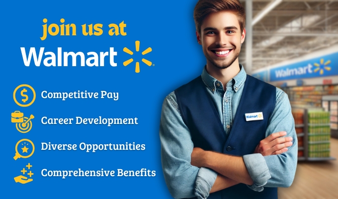 A cheerful male Walmart associate in a blue vest, with text showcasing benefits like competitive pay, career development, diverse opportunities, and comprehensive benefits.