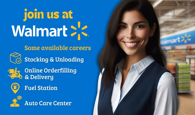 A smiling female Walmart associate in a blue vest, with text highlighting available careers such as Stocking & Unloading, Online Orderfilling & Delivery, Fuel Station, and Auto Care Center.